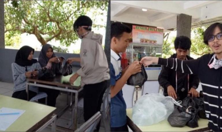 Mahasiswa Fisip Unand ikut dilibatkan dalam tim tanggap darurat Covid-19 saat bagikan makanan pada mahasiswa. (Foto : Istimewa)