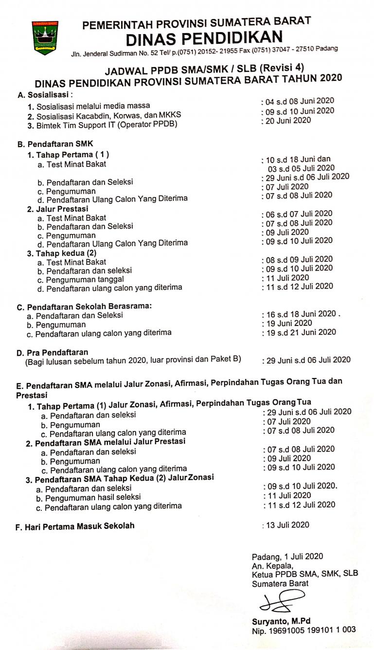 Surat revisi ke-empat PPDB untuk SMA dan SMK yang dikeluarkan Disdik Sumbar, Rabu (1/7) kemarin. (Dok : Istimewa)
