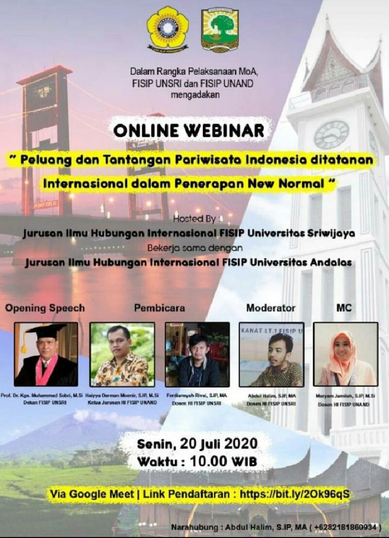 webinar yang akan diadakan Jurusan HI Fisip Unand bersama Jurusan HI Fisip Unsri, Senin (20/7).(Dok : Istimewa)