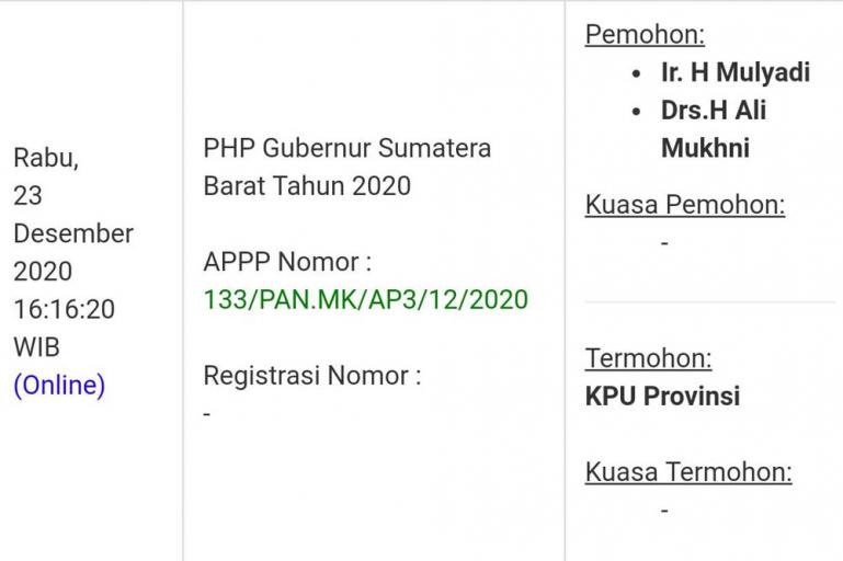 Berkas pengajuan permohonan gugatan PHP Gubernur Sumbar 2020 dari kubu Mulyadi-Ali Mukhni di laman resmi milik MK, Rabu (23/12). (Dok Istimewa)
