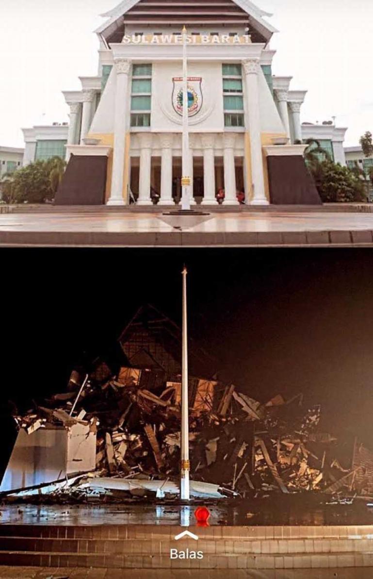 Gedung pemerintahan di Sulbar yang hancur akibat gempa yang terjadi Jumat dini hari (foto bawah). Gedung pemerintahan di Sulbar yang sebelumnya masih berdiri (foto atas). (Dok : Istimewa)