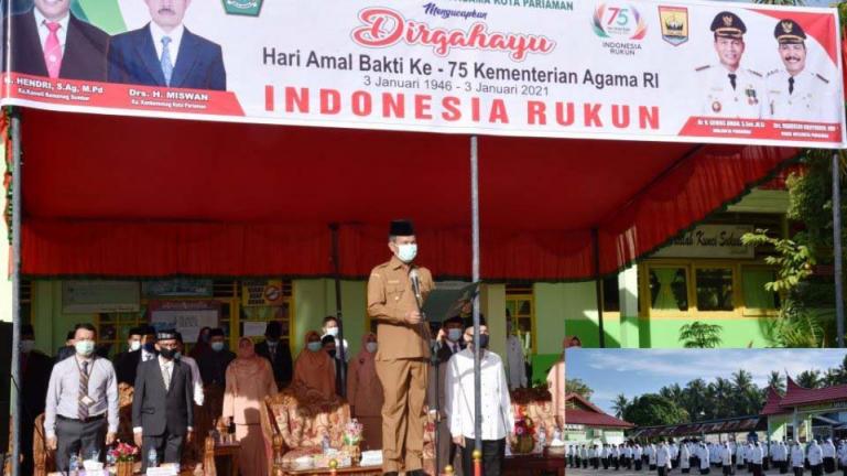 Wako Genius Umar pimpin upacara HAB ke-75 di MTSN 1 Kota Pariaman, Selasa (5/1). (Dok : Istimewa)
