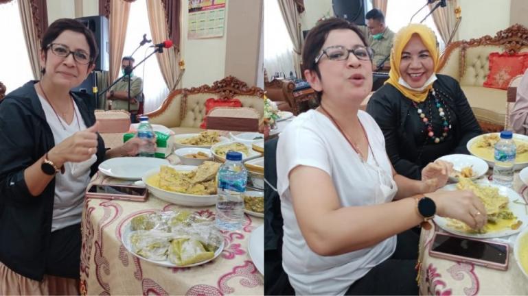 Anggota DPR RI, Nurul Arifin terlihat menikmati gulai kapala lauak yang disuguni Wawako Mardison Mahyuddin saat jamuan makan siang, di Pariaman, Sabtu (6/2). (Dok : Istimewa)