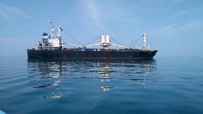 Satu dari dua kapal kargo muatan bijih besi yang sebelumnya sempat tertunda berlayar karena kurang dokumen, dan pada Senin malam kemarin dua kapal itu sudah bisa melanjutkan pelayarannya. (Dok : Istimewa)