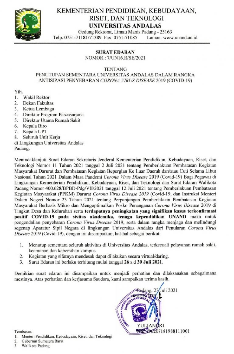Surat edaran penghentian sementara aktivitas kampus Unand yang dikeluarkan rektornya, Jumat (23/7). (Dok : Istimewa)