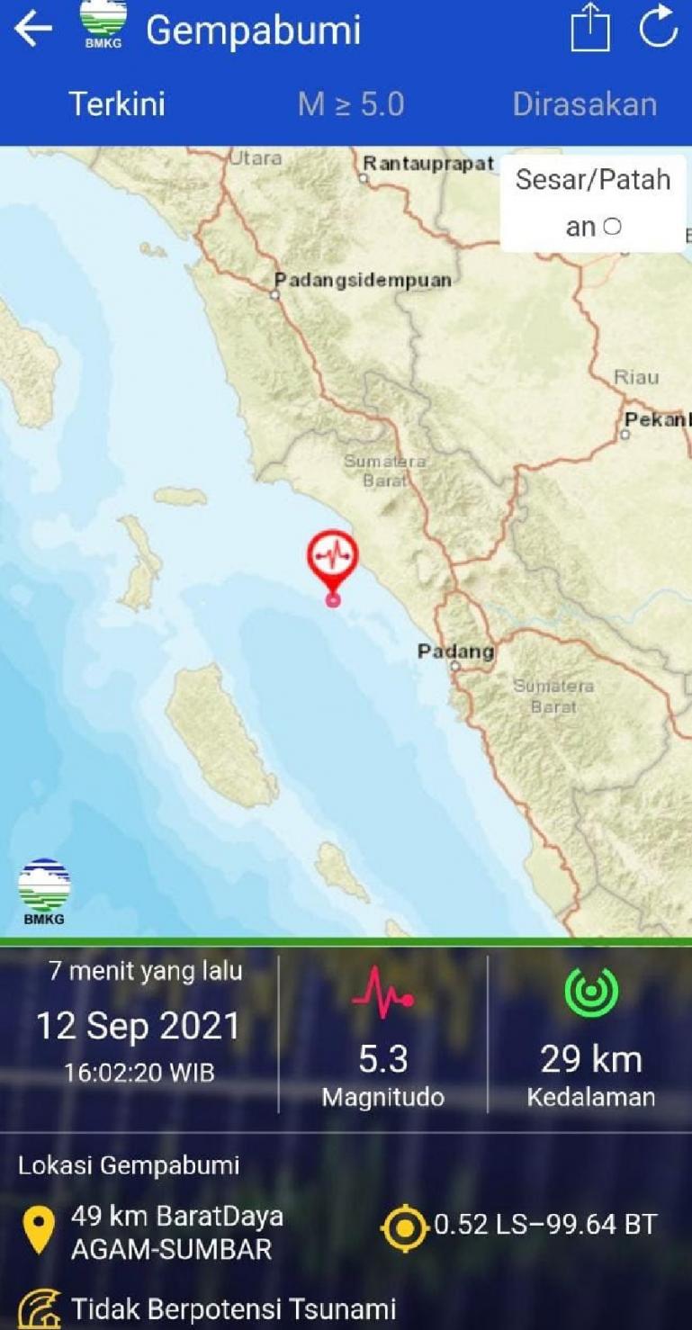 Lokasi gempa bumi yang terjadi di Kabupaten Agam, Minggu siang (11/9) sekitar pukul 16.02 WIB. (Dok : Istimewa)