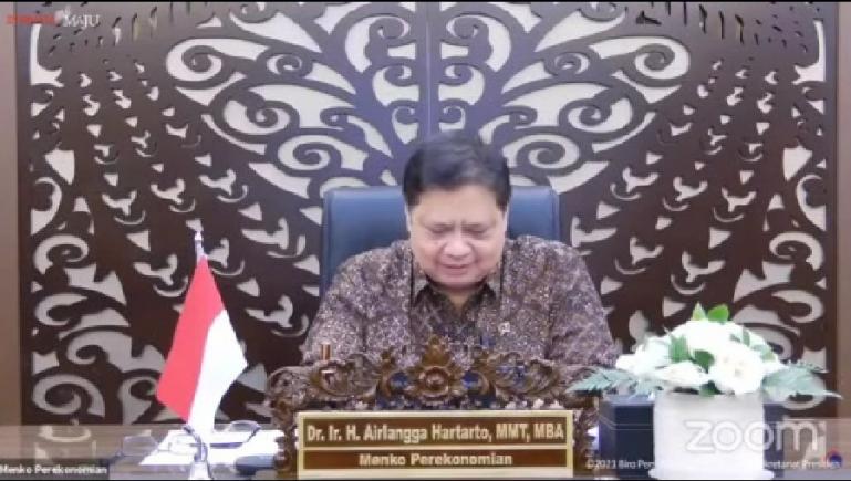 Ketua KPCPEN, Airlangga Hartarto dalam konferensi pers virtual, Senin (20/9). (Dok : Istimewa)