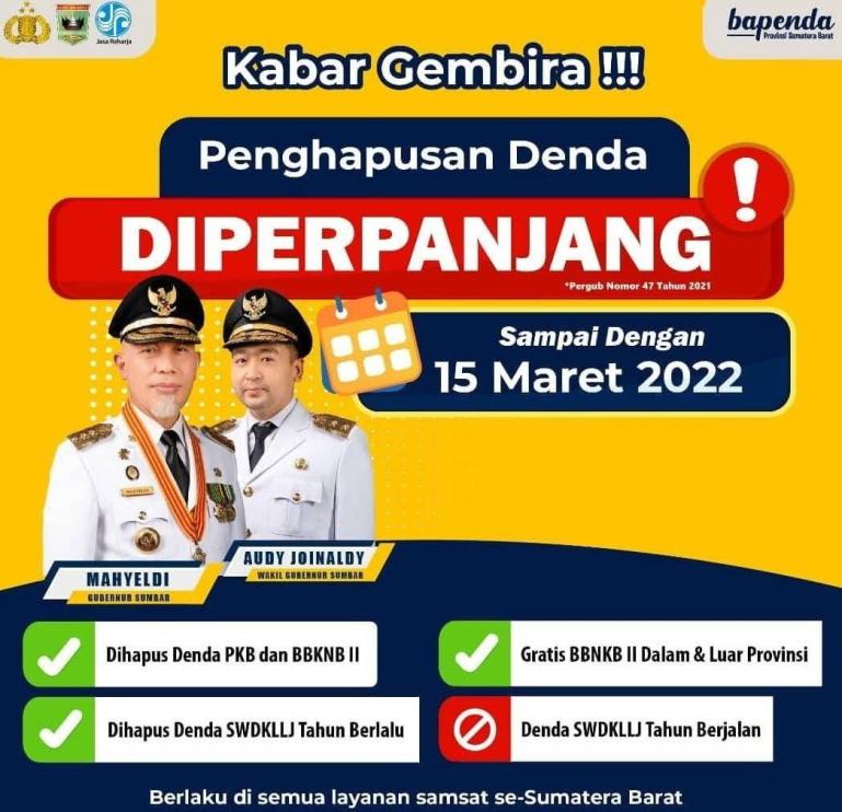 Pengumuman dari Pemprov Sumbar soal perpanjangan masa penghapusan pajak ranmor dan BBNKB. (Dok : Istimewa)