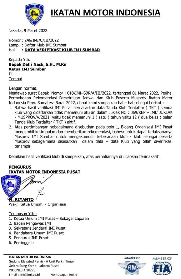Surat PP IMI yang mengeluarkan hasil verifikasi klub otomotif yang ada di IMI Sumbar. (Dok : Istimewa)