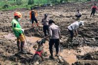 Personel dari Polda Sumbar gunakan anjing pelacak dalam mencari korban yang masih hilang pasca gempa di Pasaman, Selasa (1/3). (Dok : Istimewa)