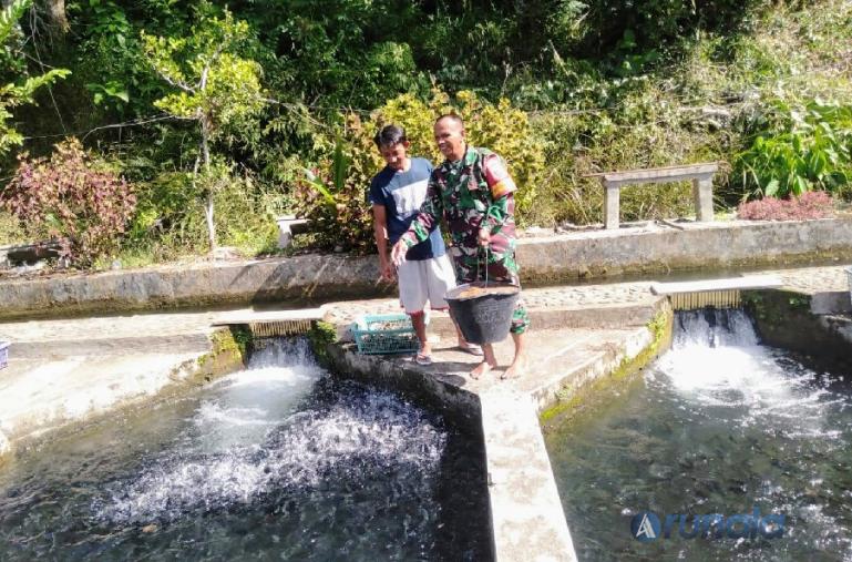 Babinsa Kelurahan Balai Gadang Koramil 06/Koto Tangah, Sertu Zainal saat meninjau kolam ikan nila milik H Iraf, Sabtu siang (16/4). (Foto: Derizon)