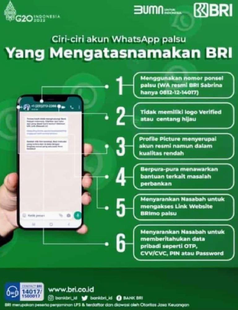 Salah satu imbauan pihak Bank BRI pada nasabah untuk lebih meneliti ciri-ciri bentuk penipuan yang mengatasnamakan Bank BRI. (Dok : Istimewa)