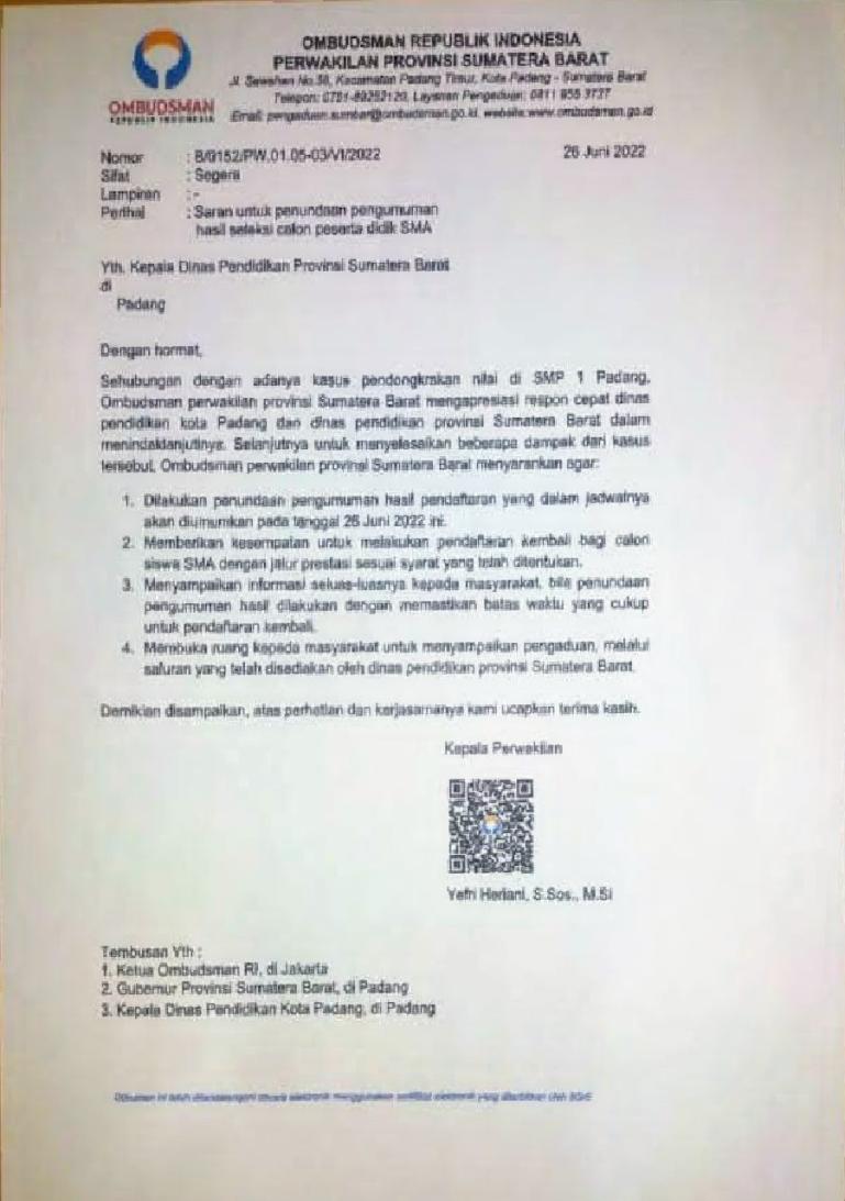 Surat Ombudsman Sumbar yang ditujukan ke Dinas Pendidikan Sumbar terkait penerimaan calon peserta didik di SMA. (Dok : Istimewa)