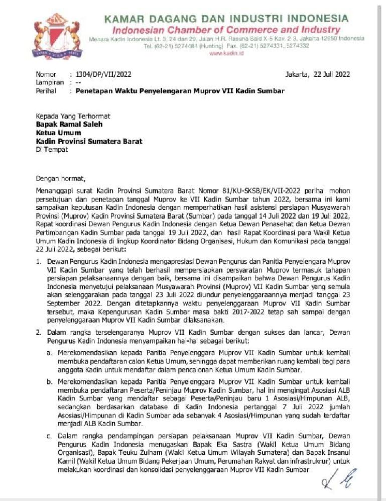 Surat Kadin Indonesia tentang penundaan Musprov Kadin Sumbar. (Dok : Istimewa)