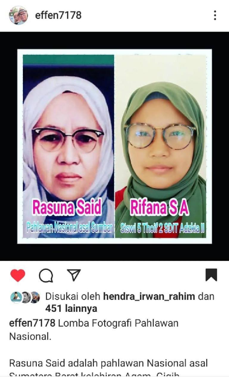 Foto wajah Rifana yang mirip dengan pahlawan nasional Rohana Kudus. (Dok : Istimewa)