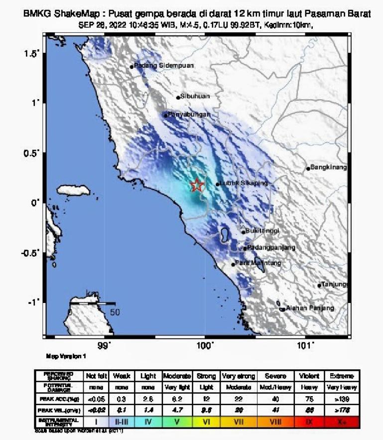 Peta terjadinya gempa tektonik di Pasbar yang dirilis BMKG. (Dok : Istimewa)