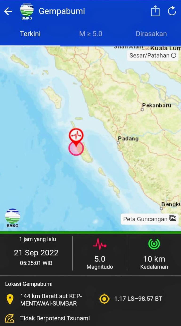 Lokasi pusat gempa yang terjadi di Kabupaten Kepulauan Mentawai pada Rabu subuh (21/9). (Dok : Istimewa)