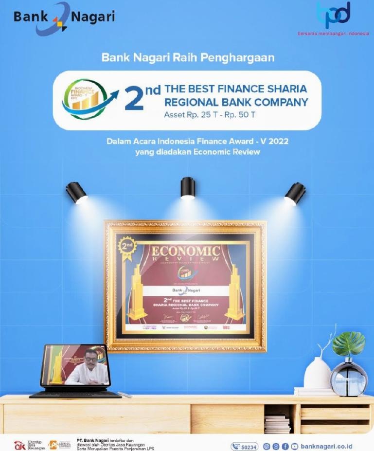 Dirut Bank Nagari Muhamad Irsyad secara virtual menerima penghargaan 2nd The Best Finance Sharia Regional Bank Company Asset Rp25 triliun sampai Rp50 triliun dalam ajang IFA-V-2022. (Dok : Istimewa)