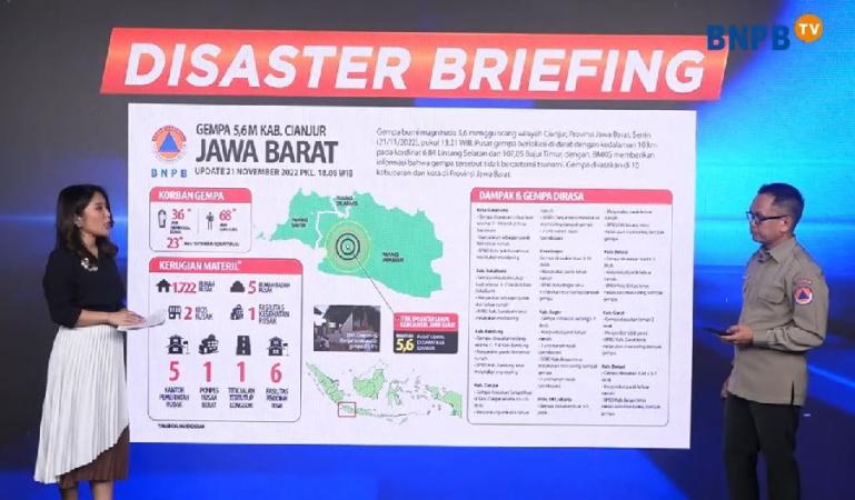 Prescon BNPB terkait jumlah korban dan kerusakan pascagempa Kabupaten Cianjur, Jawa Barat, Senin malam (21/11). (Dok : Istimewa)