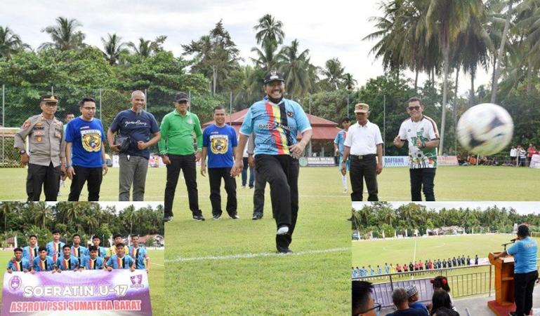 Wawako Pariaman, Mardison Mahyuddin lakukan tendangan pertama tanda dimulainya kompetisi Piala Soeratin U-17 wilayah Sumbar, Sabtu (5/11). (Dok : Istimewa)