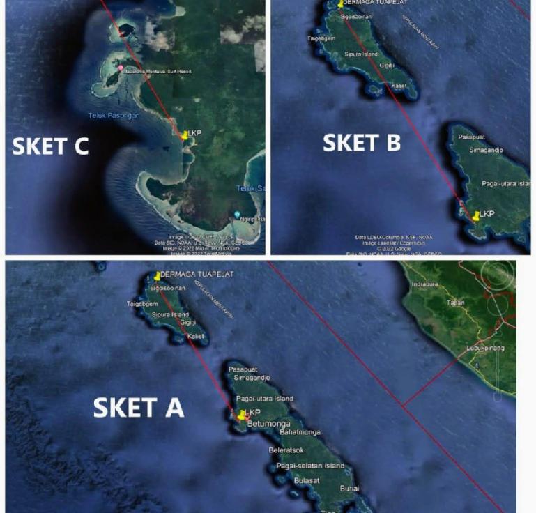 Denah lokasi pencarian pemancing yang dilakukan tim SAR gabungan Kabupaten Kepulauan Mentawai. (Dok : Istimewa)