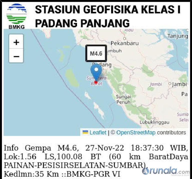 Lokasi gempa yang terjadi di  Barat Daya Painan, Pessel, Minggu malam (27/11). (Dok : Istimewa)