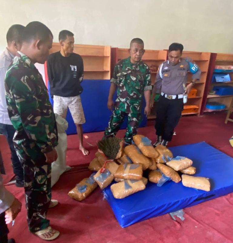 Petugas polisi dan TNI melihat puluhan paket ganja kering siap edar yang ditemukan di salah satu SDN di Sunur Tangah, Kabupaten Padangpariaman, Rabu (11/1). (Dok: Istimewa)