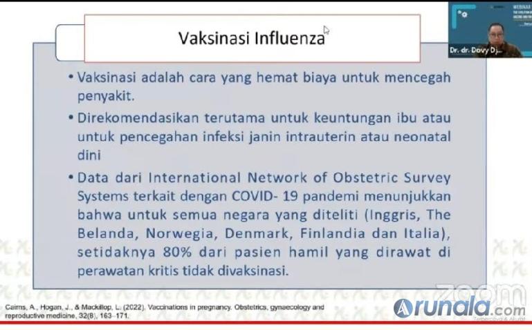 Tangkapan layar Dr dr Dovy Djanas SpOG KFM MARS saat Webinar Medis The Evolution of Influenza Vaccine and For Pregnancy. (Foto : Fajril)