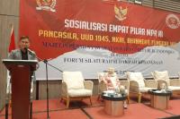 Ketua Kelompok V Badan Sosialisasi MPR RI, Alirman Sori, beri sambutannya saat sosialisasi 4 Pilar MPR RI bersama Forum Silaturahmi Dakwah Kebangsaan di Tangerang, Banten, Rabu (14/6). (Dok : Istimewa)