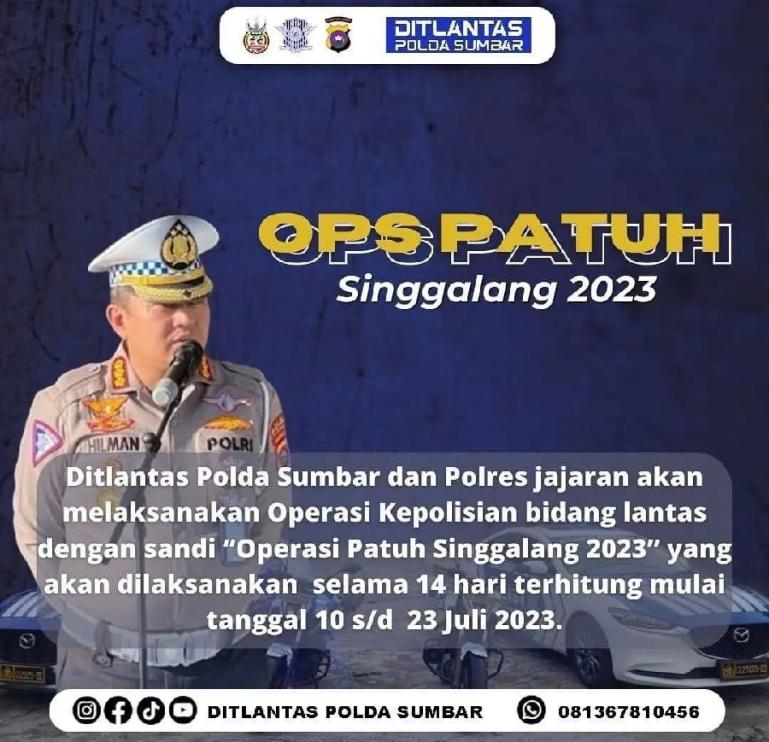 Flayer pelaksanaan Operasi Patuh Singgalang 2023 oleh Ditlantas Polda Sumbar. (Dok : Istimewa)