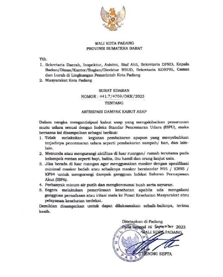 Imbauan Wali Kota Padang untuk warganya gunakan masker terkait kabut asap. (Dok : Istimewa)