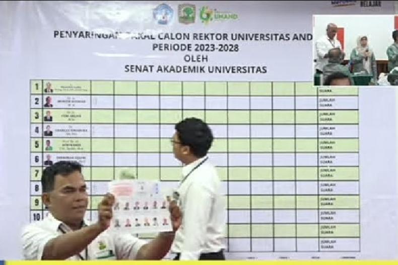 Tangkapan layar kanal YouTube Unand penghitungan suara dalam tahapan penyaringan bakal calon rektor oleh Senat Akademik Universitas di Convention Hall Unand, Rabu (18/10). (Dok : Istimewa)