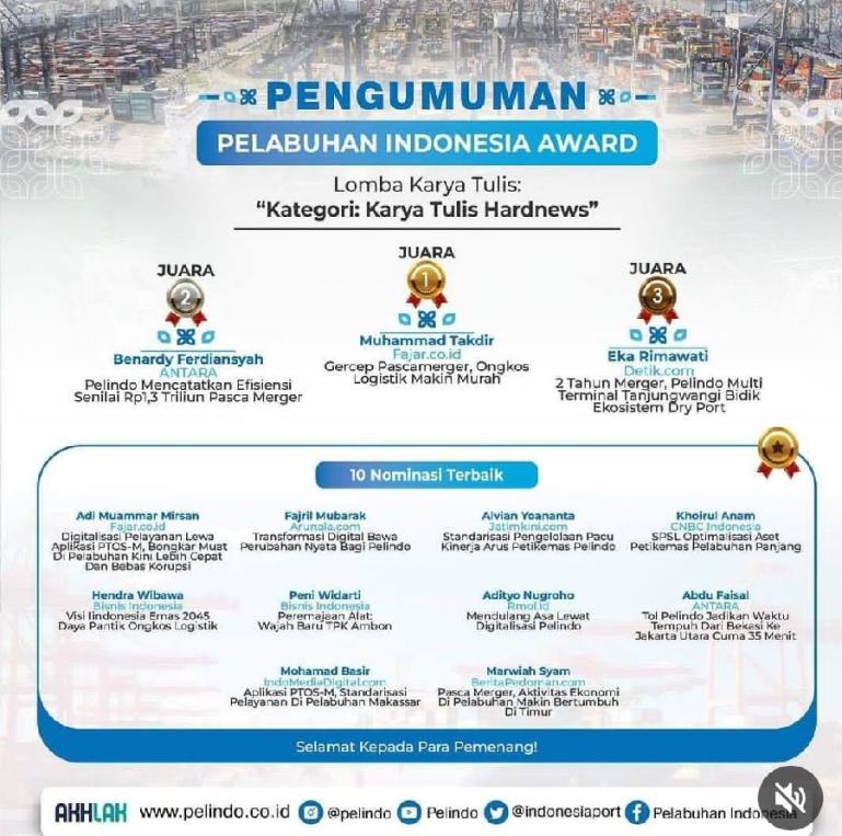 Pengumuman Pelindo Indonesia Award. (Dok : Istimewa)
