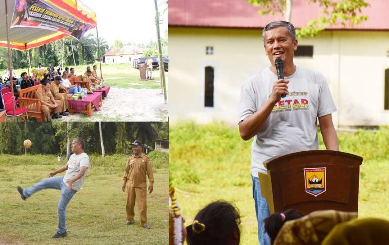 Pj Wako Pariaman, Roberia lakukan tendangan pertama tanda dimulainya Turnamen Sepak Takraw Karang Taruna Saayun Salangkah Cup II di Desa Cubadak Air Utara, Kecamatan Pariaman Utara, Kota Pariaman, Senin sore (11/12). (Dok : Istimewa)