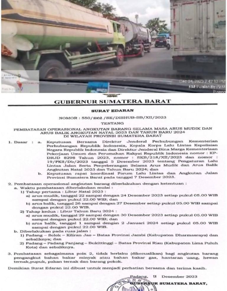 SE Gubernur Sumbar tentang pembatasan operasional truk saat libur Naru di Sumbar. (Dok : Istimewa)