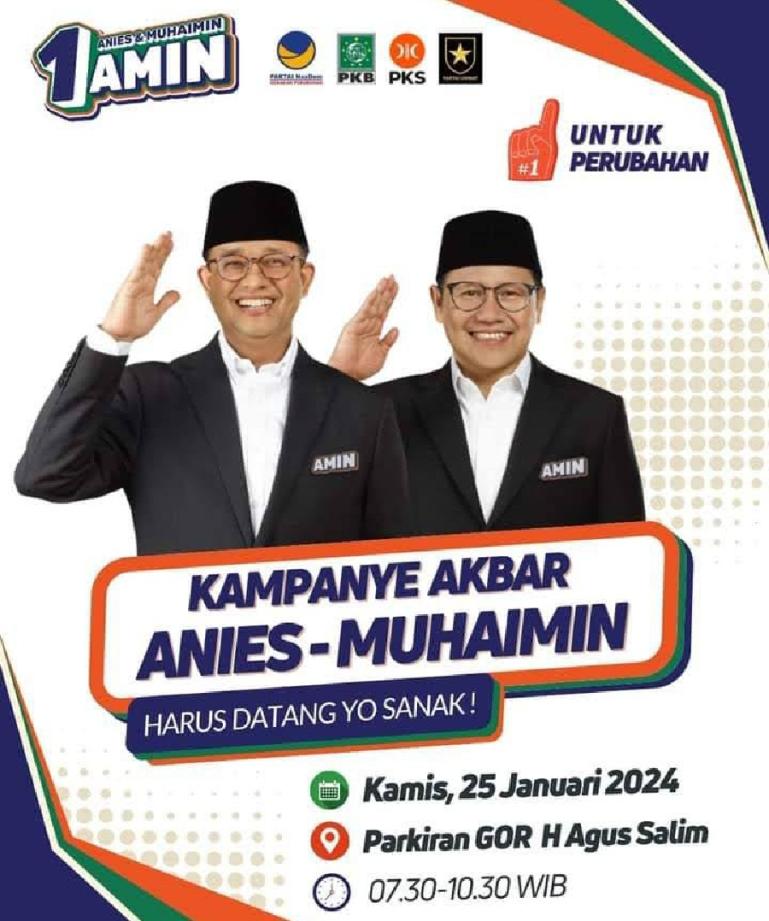 Spanduk kampanye akbar Capres 01 Anies Baswedan di Padang pada Kamis (25/1) nanti. (Dok : Istimewa)