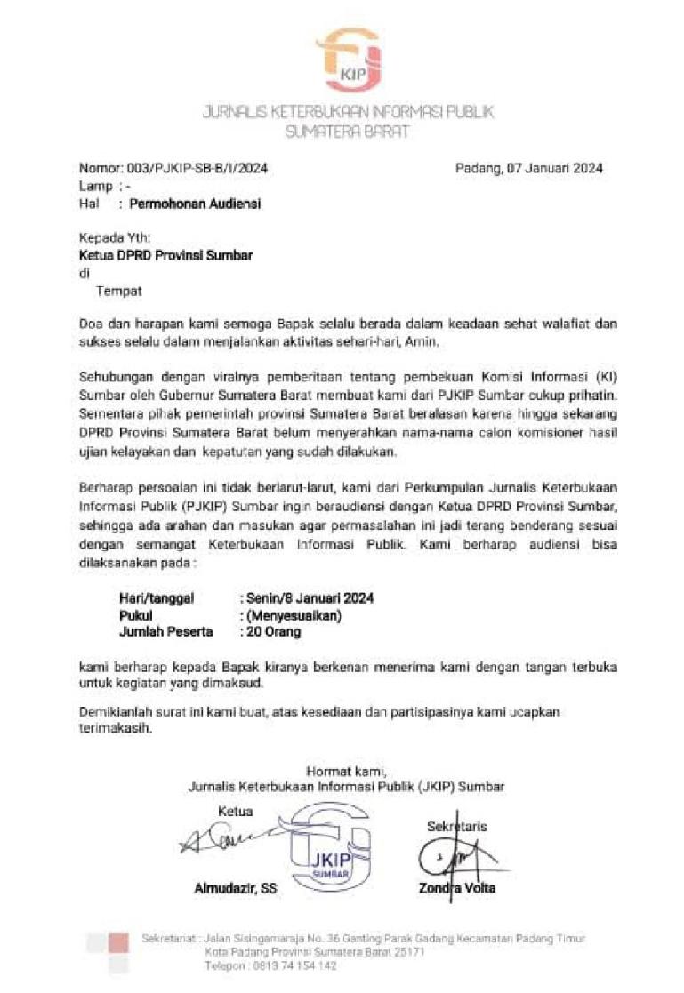 Surat permohonan audensi PJKIP Sumbar kepada Ketua DPRD provinsi menyangkut polemik KI Sumbar saat ini. (Dok : Istimewa)