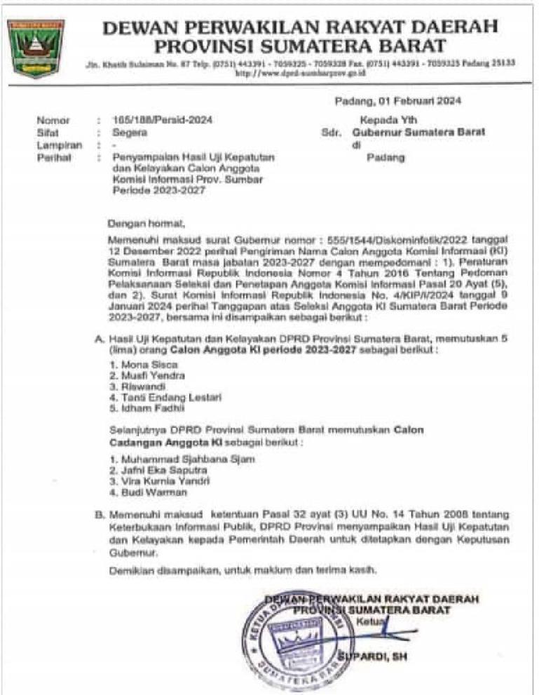 Surat DPRD Sumbar soal pengumuman nama-nama Komisioner KI Sumbar periode 2023-2027. (Dok : Istimewa)