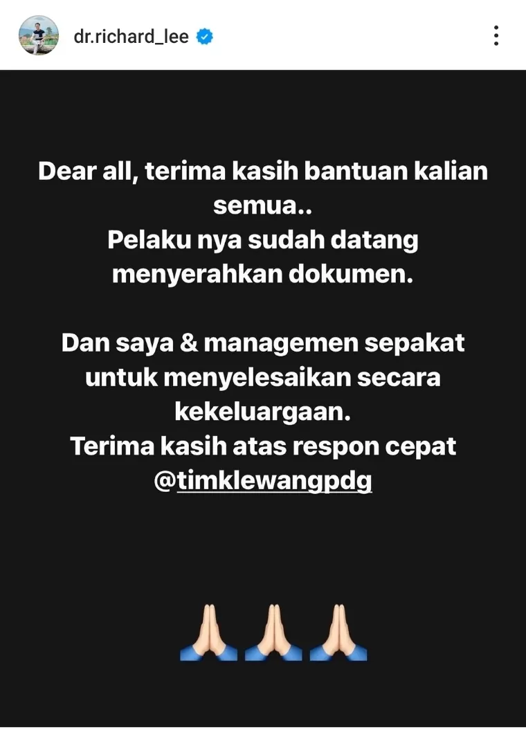 Postingan dr Richard Lee yang menyatakan pelaku sudah mengembalikan dokumen. Instagram/@dr.richard_lee