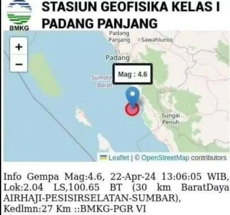 Peta gempa bumi yang terjadi di lepas pantai Air Haji, Pessel, Senin siang (22/4/2024). (Dok : BMKG)