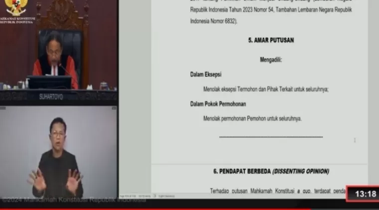 Ketua MK Suhartoyo saat membacakan putusan di ruangan sidang MK, Senin (22/4/2024). Tangkapan Layar YouTube Mahkamah Konstitusi RI