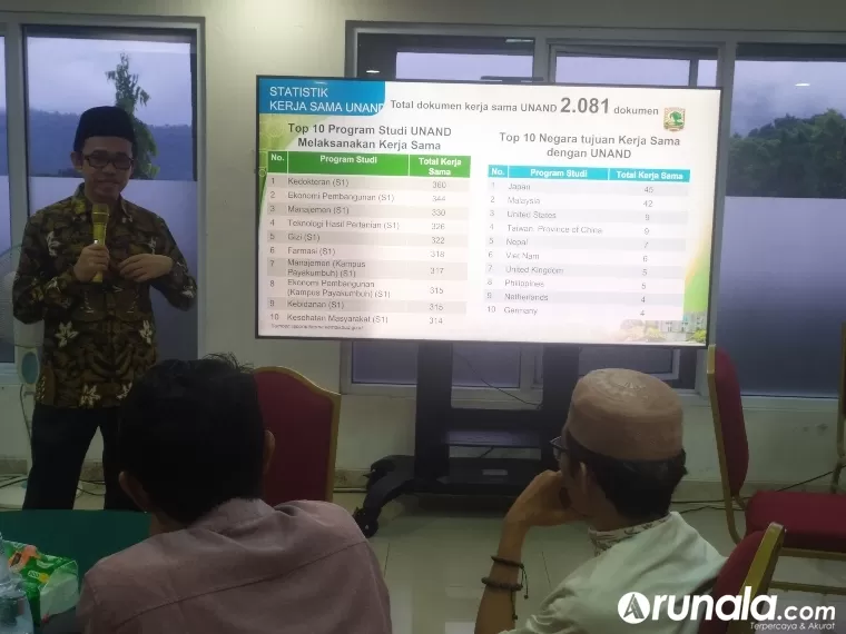 Rektor Unand Efa Yonnedi PhD MPPM Akt CA memaparkan Kinerja Unand pada Buka Bersama Pimpinan Universitas dengan Media di Gedung Rektorat Lantai IV, Jumat (5/4). IST