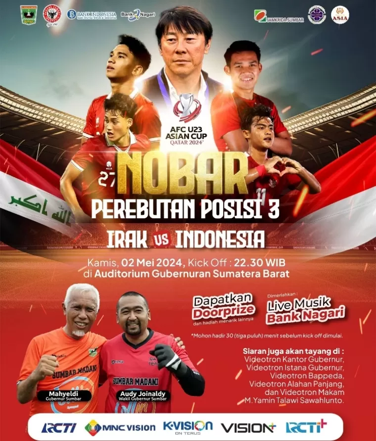 Flayer nobar Timnas Indonesia U-23 vs Tim Irak U-23 yang diadakan Pemprov Sumbar, Kamis malam Kamis (2/5/2024). (Dok : Istimewa)