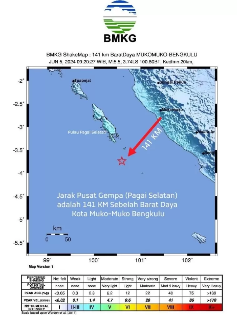 Peta lokasi gempa bumi yang mengguncang Muko-Muko, Bengkulu, Rabu pagi (5/6/2024). (dok : bmkg)