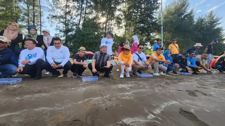 Sekprov Sumbar Hansastri, Direktur Pendayagunaan Pesisir dan Pulau-Pulau Kecil KKP RI M Yusuf, Kadis DKP Sumbar Reti Wafda, Kepala BPSPL Padang Fajar Kurniawan melepas liarkan penyu hijau di Pantai Air Manis, Kamis (11/7/2024). IST