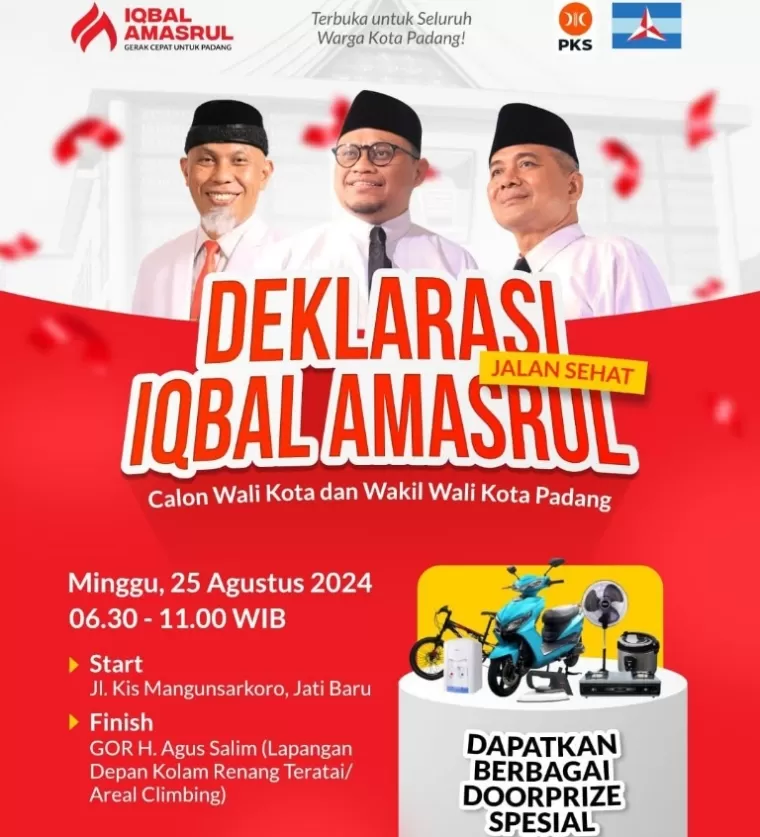 Flayer deklarasi Muhammad Iqbal-Amasrul jadi pasangan bakal calon Wali Kota dan Wakil Wali Kota Padang, Minggu (25/8/2024). (dok : istimewa)
