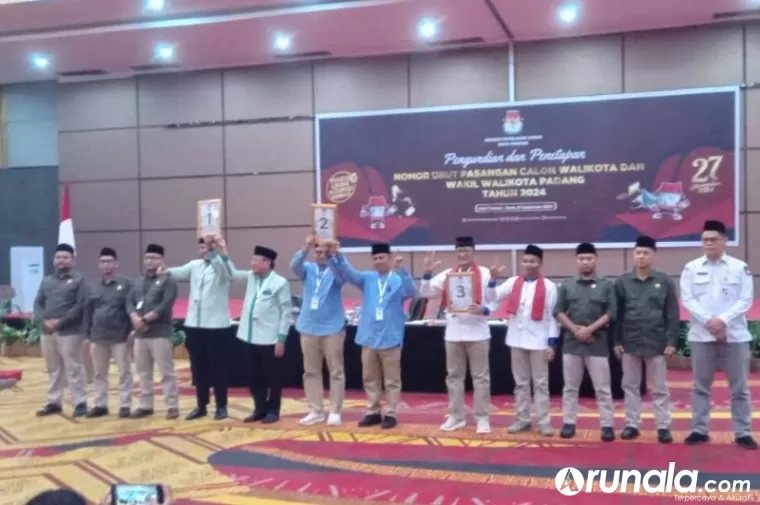 Tiga paslon Wali Kota dan Wakil Wali Kota Padang setelah pengundian nomor urut di Padang, Senin (23/9/2024). (dok : arunala.com)