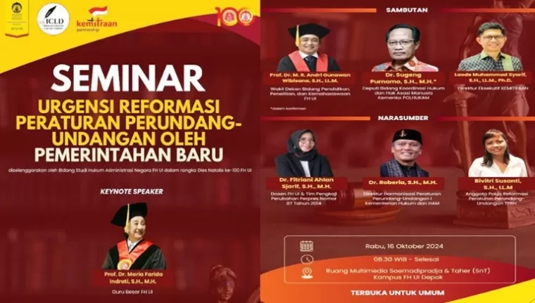 Leaflet seminar yang diadakan FH UI dalam rangkaian dies natalis ke-100 fakultas itu pada, Rabu (16/10/2024) nanti. (dok : istimewa)