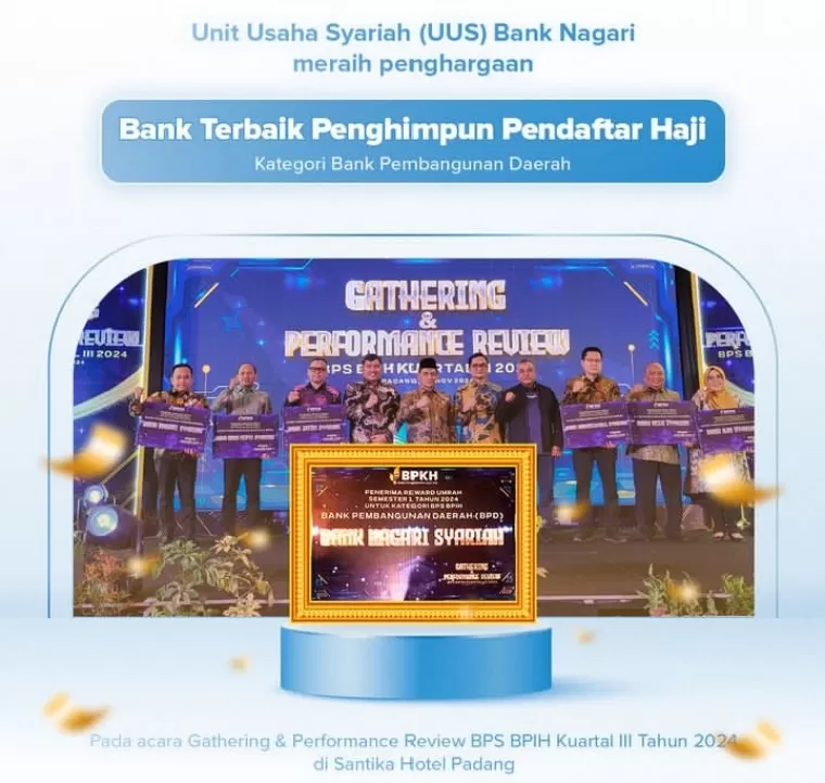 Dirut Bank Nagari Gusti Candra bersama penerima penghargaan BPKH di Hotel Santika Premiere Padang, Sabtu (2/11/2024). IST