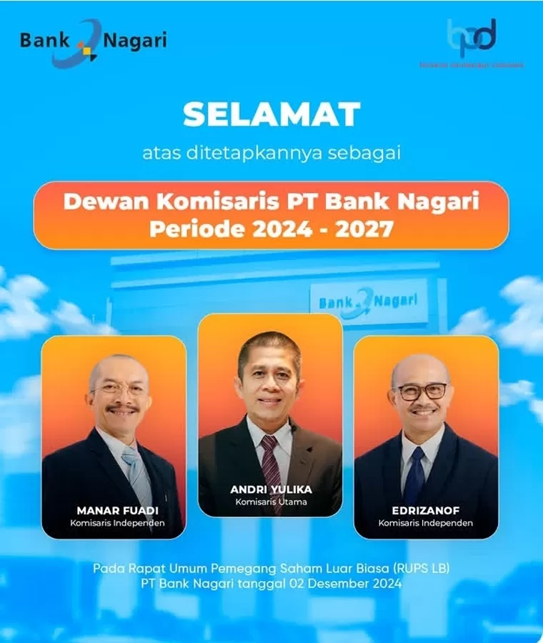 Dewan Komisaris Bank Nagari Periode 2024-2027. IST